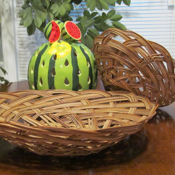 Vintage Set of 2 Woven Wicker Rattan Reed Baskets Oblong Nestable NEW - Picture 4 of 12